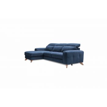 Coltar Extensibil Imperius Bleumarin, Sezlong pe Stanga, cu Lada de Depozitare, tapitat cu Stofa, Tetiere Reglabile, l281xA175xH84-100 cm