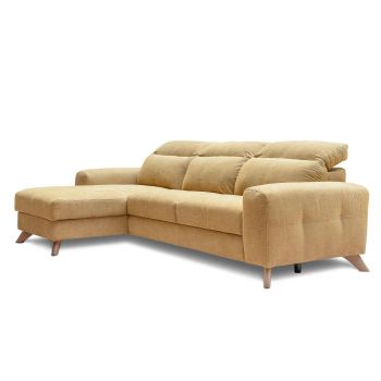 Coltar Extensibil Imperius Galben, Sezlong pe Stanga, cu Lada de Depozitare, tapitat cu Stofa, Tetiere Reglabile, l281xA175xH84-100 cm