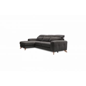 Coltar Extensibil Imperius Maro Inchis, Sezlong pe Stanga, cu Lada de Depozitare, tapitat cu Stofa, Tetiere Reglabile, l281xA175xH84-100 cm