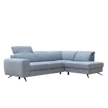 Coltar Extensibil Moccino Bleu, Sezlong pe Dreapta, cu Lada de Depozitare, tapitat cu Stofa, Tetiere Reglabile, l280xA204xH80-100 cm