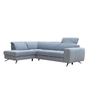 Coltar Extensibil Moccino Bleu, Sezlong pe Stanga, cu Lada de Depozitare, tapitat cu Stofa, Tetiere Reglabile, l280xA204xH80-100 cm