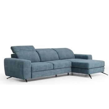 Coltar Extensibil Moccino Small Petrol, Sezlong pe Dreapta, cu Lada de Depozitare, tapitat cu Stofa, Tetiere Reglabile, l283xA175xH80-100 cm