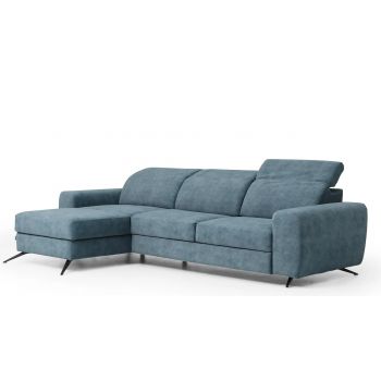 Coltar Extensibil Moccino Small Petrol, Sezlong pe Stanga, cu Lada de Depozitare, tapitat cu Stofa, Tetiere Reglabile, l283xA175xH80-100 cm
