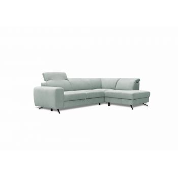 Coltar Extensibil Moccino Verde Mint, Sezlong pe Dreapta, cu Lada de Depozitare, tapitat cu Stofa, Tetiere Reglabile, l280xA204xH80-100 cm