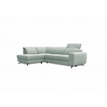 Coltar Extensibil Moccino Verde Mint, Sezlong pe Stanga, cu Lada de Depozitare, tapitat cu Stofa, Tetiere Reglabile, l280xA204xH80-100 cm
