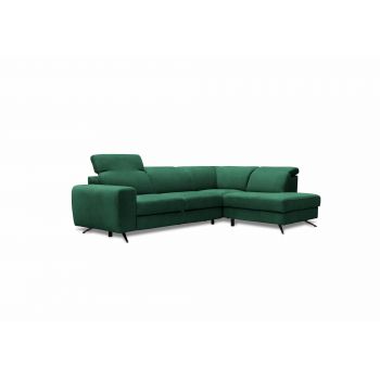Coltar Extensibil Moccino Verde, Sezlong pe Dreapta, cu Lada de Depozitare, tapitat cu Stofa, Tetiere Reglabile, l280xA204xH80-100 cm