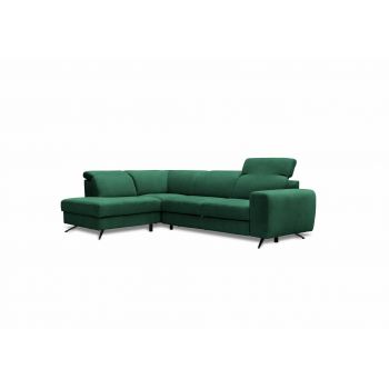 Coltar Extensibil Moccino Verde, Sezlong pe Stanga, cu Lada de Depozitare, tapitat cu Stofa, Tetiere Reglabile, l280xA204xH80-100 cm