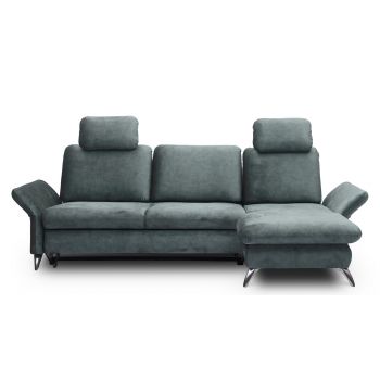 Coltar Extensibil Tangit Petrol, Sezlong pe Dreapta, cu Lada de Depozitare, tapitat cu Stofa, Tetiere Incluse, l284xA170xH90 cm
