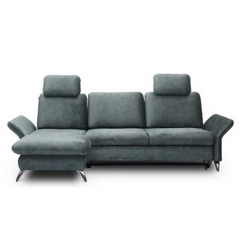 Coltar Extensibil Tangit Petrol, Sezlong pe Stanga, cu Lada de Depozitare, tapitat cu Stofa, Tetiere Incluse, l284xA170xH90 cm