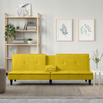 vidaXL Canapea extensibilă cu suporturi de pahare, galben, catifea vidaXL Canapea extensibilă cu suporturi de pahare, galben, catifea