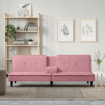 vidaXL Canapea extensibilă cu suporturi de pahare, roz, catifea vidaXL Canapea extensibilă cu suporturi de pahare, roz, catifea