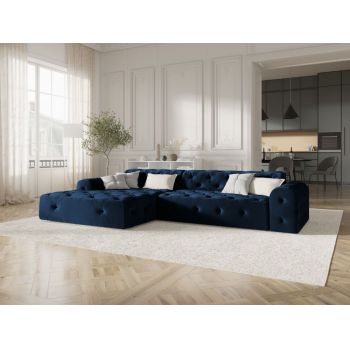 Coltar fix de 4 locuri tapitat cu Catifea Albastru royal cu orientare customizabila L260cm Candice