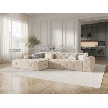 Coltar fix de 4 locuri tapitat cu Catifea Bej cu orientare customizabila L260cm Candice