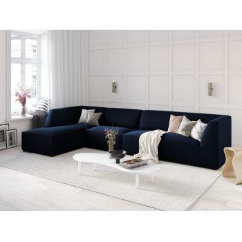 Coltar fix de 5 locuri tapitat cu Catifea Albastru royal cu orientare customizabila L366cm Ruby
