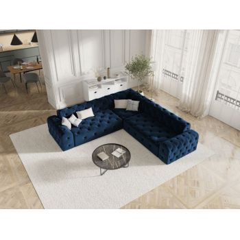 Coltar fix de 5 locuri tapitat cu Catifea Albastru royal cu orientare reversibila L254cm Candice
