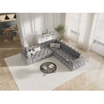 Coltar fix de 5 locuri tapitat cu Catifea Gri deschis cu orientare reversibila L254cm Candice