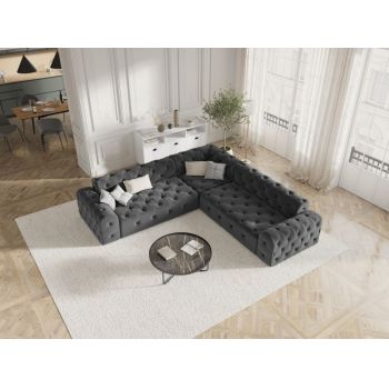 Coltar fix de 5 locuri tapitat cu Catifea Gri inchis cu orientare reversibila L254cm Candice