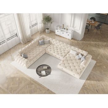 Coltar fix de 6 locuri tapitat cu Catifea Bej cu orientare customizabila L334cm Candice