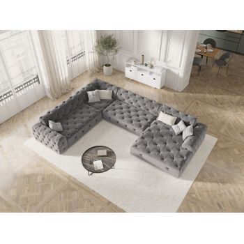 Coltar fix de 6 locuri tapitat cu Catifea Gri deschis cu orientare customizabila L334cm Candice