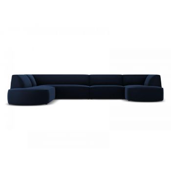 Coltar fix panoramic de 6 locuri tapitat cu Catifea Albastru royal cu orientare customizabila L366cm Ruby