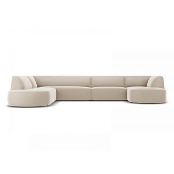 Coltar fix panoramic de 6 locuri tapitat cu Catifea Bej cu orientare customizabila L366cm Ruby