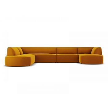 Coltar fix panoramic de 6 locuri tapitat cu Catifea Galben cu orientare customizabila L366cm Ruby