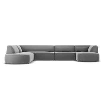 Coltar fix panoramic de 6 locuri tapitat cu Catifea Gri cu orientare customizabila L366cm Ruby