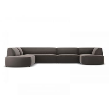 Coltar fix panoramic de 6 locuri tapitat cu Catifea Gri inchis cu orientare customizabila L366cm Ruby