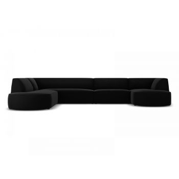 Coltar fix panoramic de 6 locuri tapitat cu Catifea Negru cu orientare customizabila L366cm Ruby
