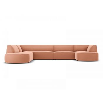 Coltar fix panoramic de 6 locuri tapitat cu Catifea Roz cu orientare customizabila L366cm Ruby