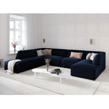 Coltar fix panoramic de 7 locuri tapitat cu Catifea Albastru royal cu orientare customizabila L366cm Ruby