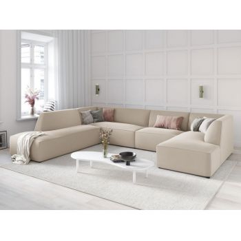 Coltar fix panoramic de 7 locuri tapitat cu Catifea Bej cu orientare customizabila L366cm Ruby