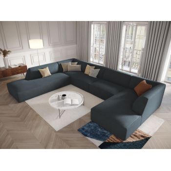 Coltar fix panoramic de 7 locuri tapitat cu Catifea Corduroy Albastru cu orientare customizabila L366x273cm Ruby