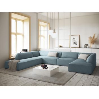 Coltar fix panoramic de 7 locuri tapitat cu Catifea Corduroy Albastru deschis cu orientare customizabila L366x273cm Ruby