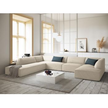 Coltar fix panoramic de 7 locuri tapitat cu Catifea Corduroy Bej deschis cu orientare customizabila L366x273cm Ruby