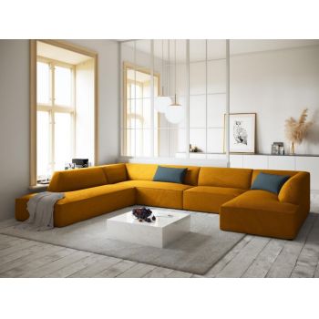 Coltar fix panoramic de 7 locuri tapitat cu Catifea Corduroy Galben cu orientare customizabila L366x273cm Ruby