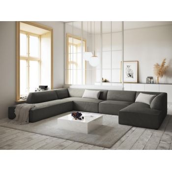 Coltar fix panoramic de 7 locuri tapitat cu Catifea Corduroy Gri deschis cu orientare customizabila L366x273cm Ruby