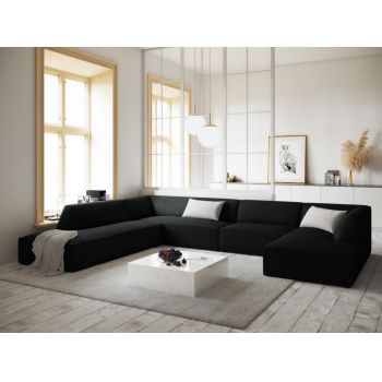 Coltar fix panoramic de 7 locuri tapitat cu Catifea Corduroy Negru cu orientare customizabila L366x273cm Ruby
