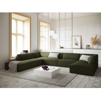 Coltar fix panoramic de 7 locuri tapitat cu Catifea Corduroy Verde cu orientare customizabila L366x273cm Ruby
