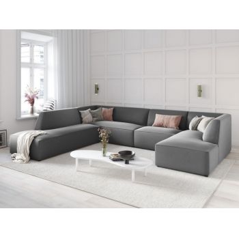 Coltar fix panoramic de 7 locuri tapitat cu Catifea Gri cu orientare customizabila L366cm Ruby