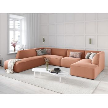 Coltar fix panoramic de 7 locuri tapitat cu Catifea Roz cu orientare customizabila L366cm Ruby