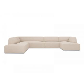 Coltar fix panoramic de 7 locuri tapitat cu Stofa Bej cu orientare customizabila L366cm Ruby
