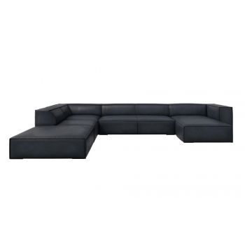 Coltar panoramic de 6 locuri tapitat cu piele naturala Albastru cu orientare customizabila L365x270cm Agawa
