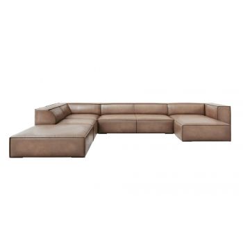 Coltar panoramic de 6 locuri tapitat cu piele naturala Bej Inchis cu orientare customizabila L365x270cm Agawa