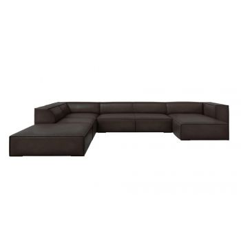 Coltar panoramic de 6 locuri tapitat cu piele naturala Gri grafit cu orientare customizabila L365x270cm Agawa