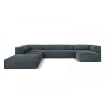 Coltar panoramic de 6 locuri tapitat cu stofa Albastru cu orientare customizabila L365x270cm Agawa