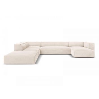 Coltar panoramic de 6 locuri tapitat cu stofa Bej deschis cu orientare customizabila L365x270cm Agawa