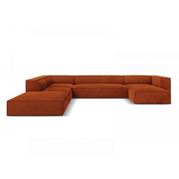Coltar panoramic de 6 locuri tapitat cu stofa Rosu Teracota cu orientare customizabila L365x270cm Agawa