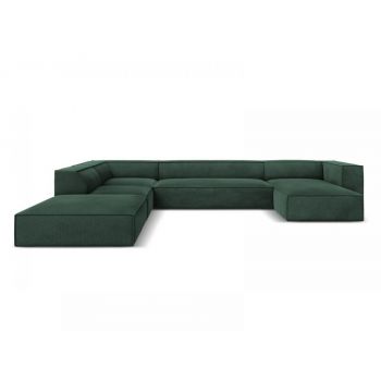 Coltar panoramic de 6 locuri tapitat cu stofa Verde cu orientare customizabila L365x270cm Agawa