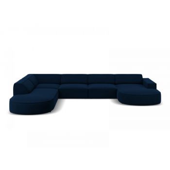 Coltar panoramic de 7 locuri din Catifea Albastru royal cu orientare si forma sezlong customizabil Jodie